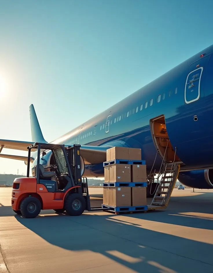 Forklift loading a cargo plane