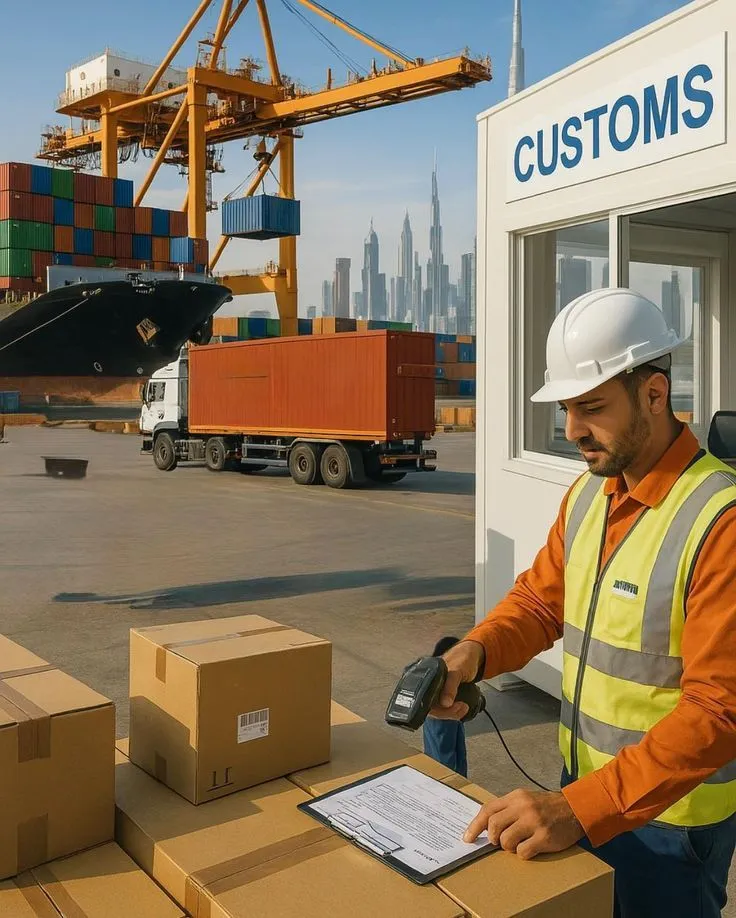 Container port with crane and ship