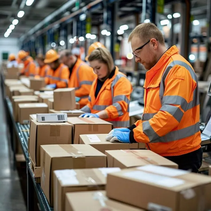 Warehouse workers sorting packages